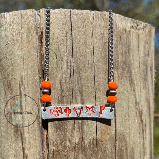 Orange Western Stamped Bar Necklace