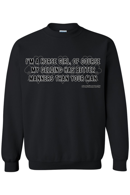 I'm a horse girl, of course my gelding has better manners than your man sweatshirt