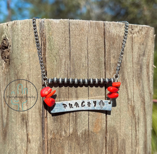 Double Layer Red Rock Punchy Stamped Bar Necklace