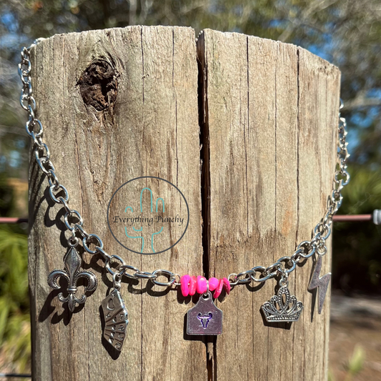 Pink Rock Stamped Cowtag Charm Necklace