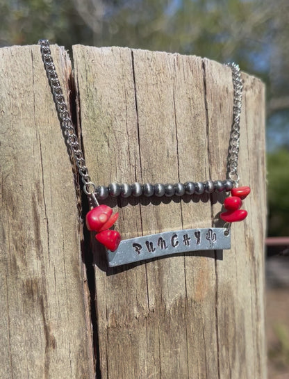 Double Layer Red Rock Punchy Stamped Bar Necklace